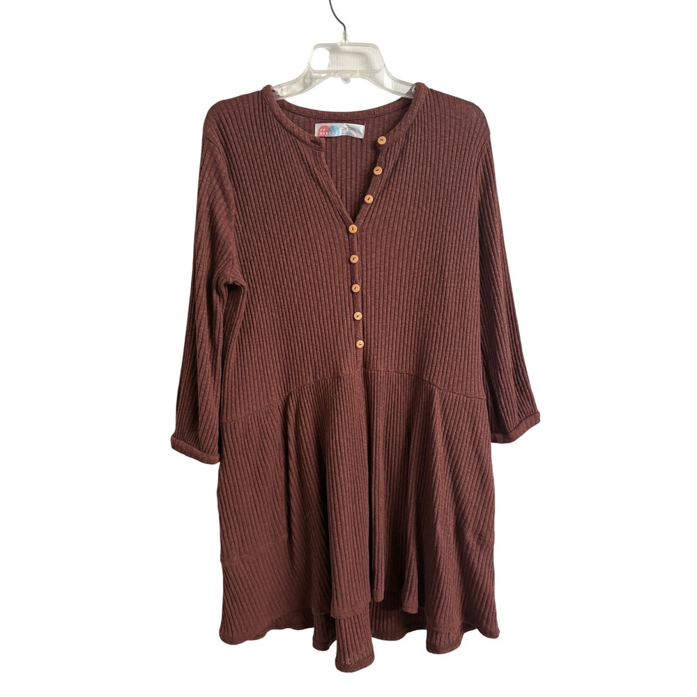 Free People FP Beach Chocolate Brown Ribbed Henley Swing Tunic Dress XS Boho